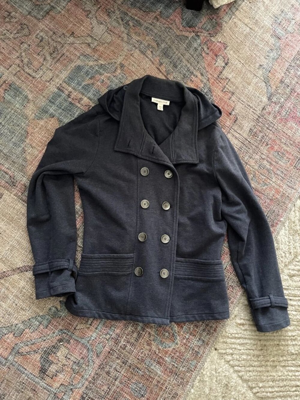 Coldwater Creek Women Navy Gray Double Breasted Hooded Pea Coat 10/12 Fisherman